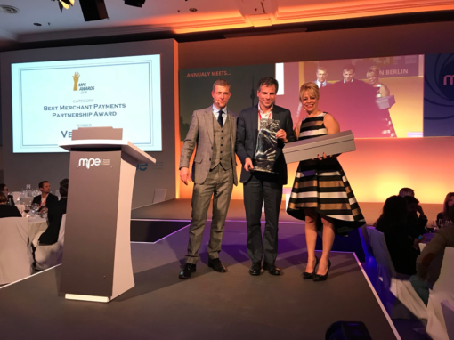 The team at Verifone collect the Best Partnership Award on stage at the MPE Awards 2018, on behalf of the payment brand and their partner Pennies