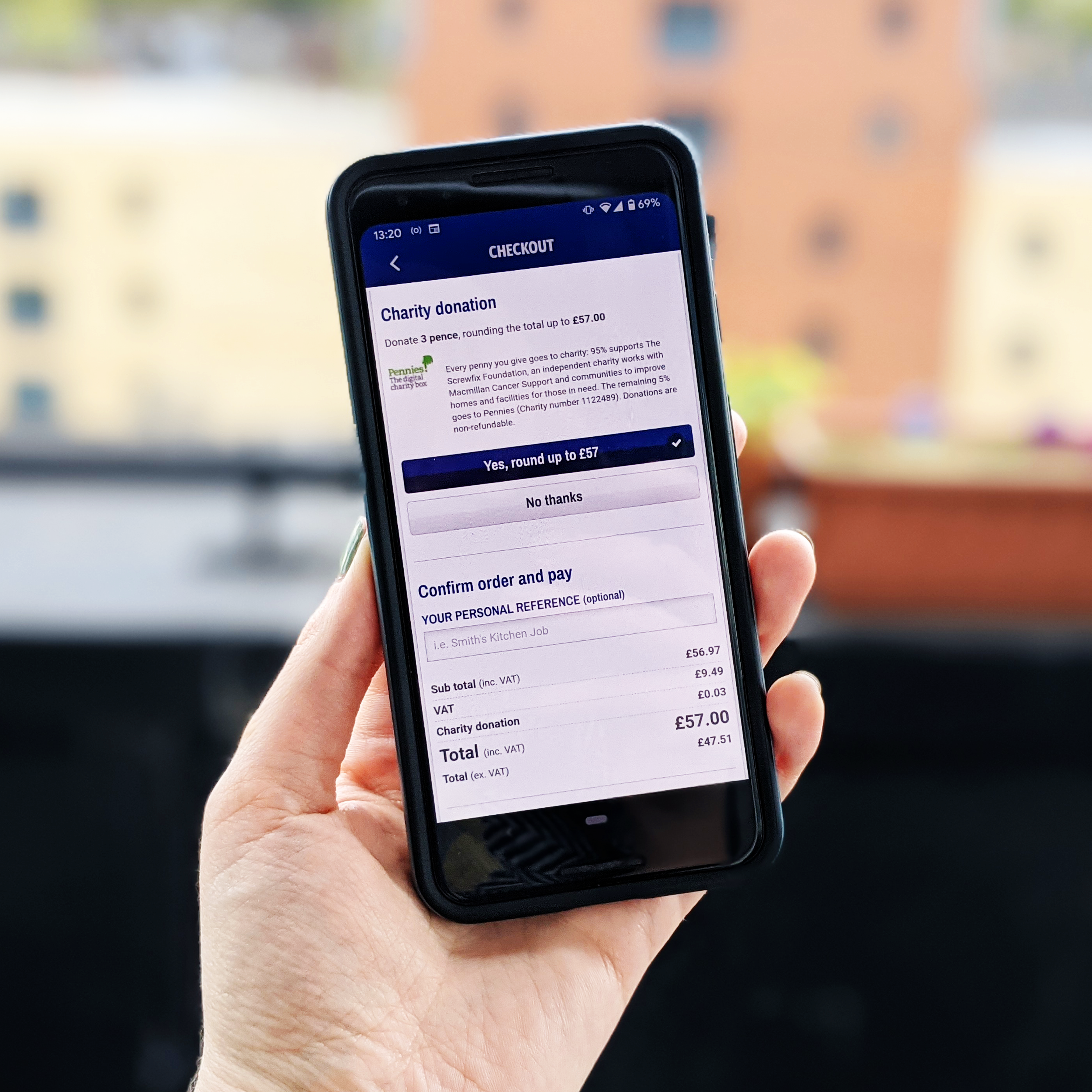 Customer makes a micro-donation on an in-app payment with Screwfix