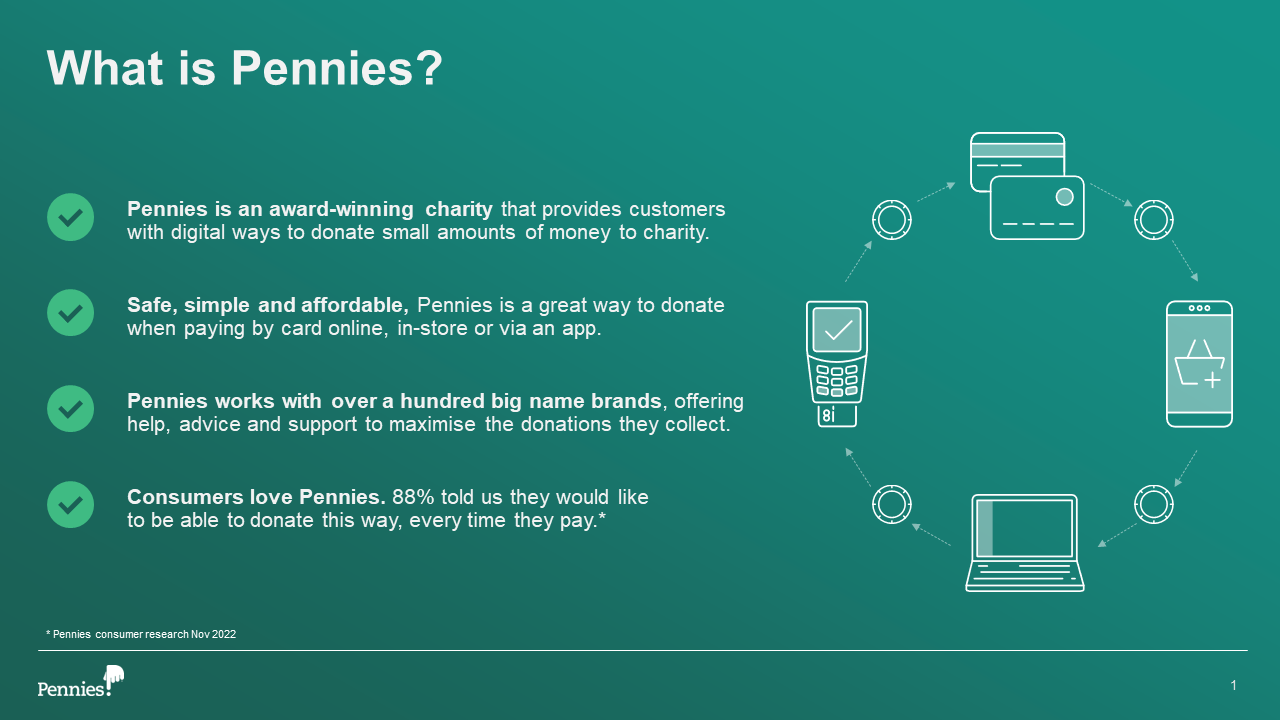 A slide showing a summary of Pennies from a PowerPoint slide deck, created by marketing support partner, bbp